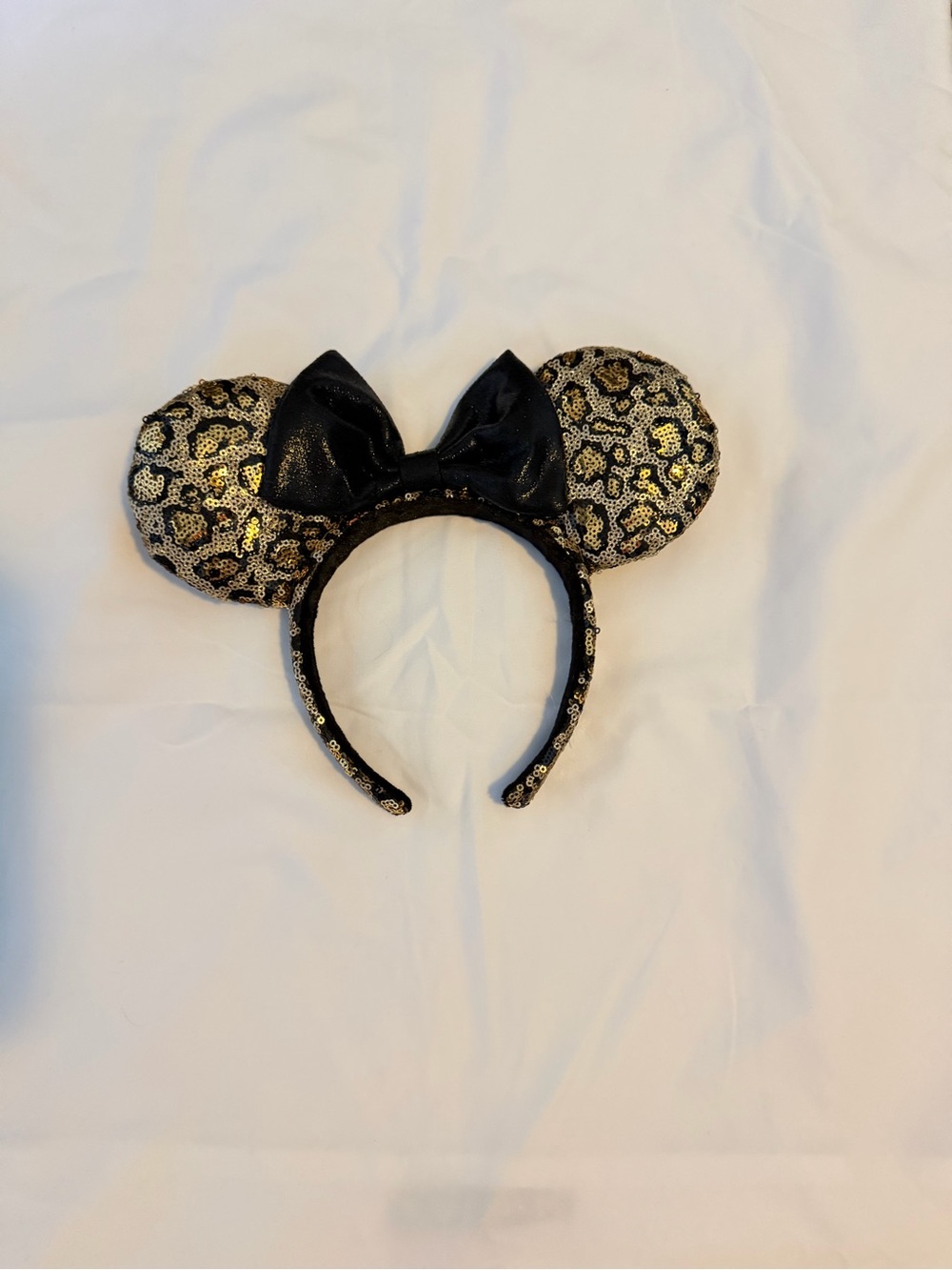 Kids Leopard Gold Sequin Mouse Ear Headband with Black Bow